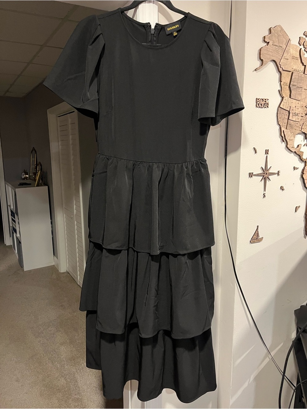 Sugarlips Black Tiered Midi Dress with Flutter Sleeves